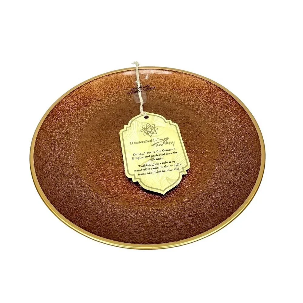 Turkish Glass 4 Salad Dessert Plates Set Brown Bronze Texture Gold Rim 8.25